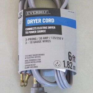 EVERBILT-6 Foot 3 Prong Electric Drayer Cord-10 Gauge Wire-30Amp-125/250-New